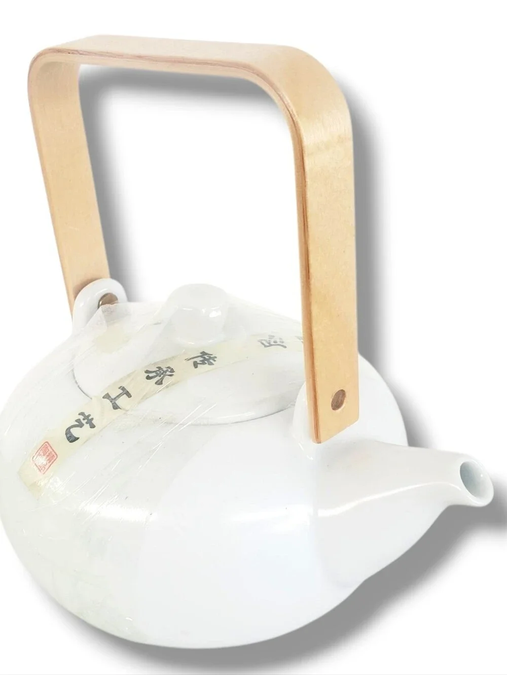 ZENS Asian Ceramic Teapot with Infuser Bentwood Handle Modern Minimalist White